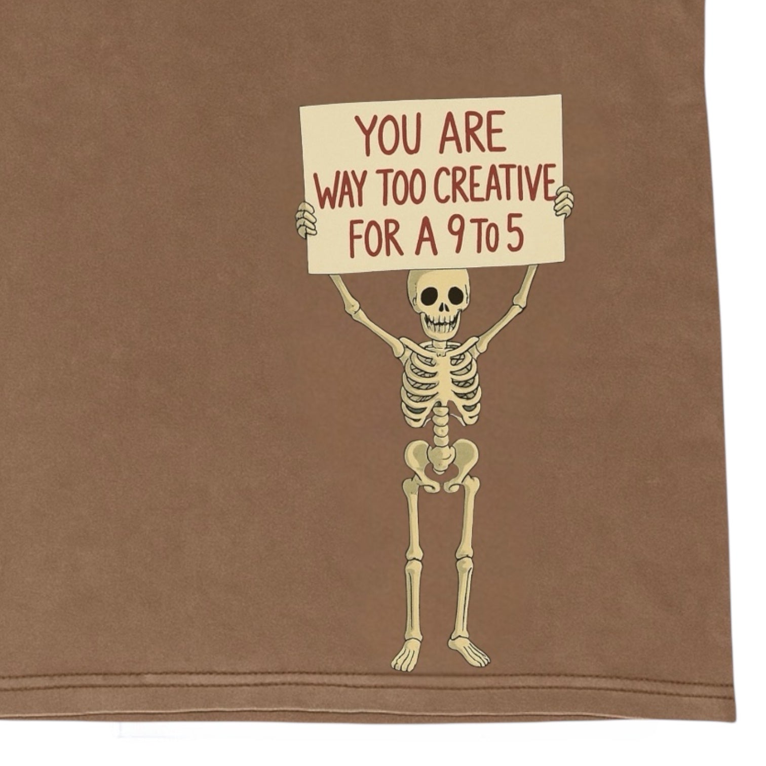 Skeleton holding a sign with text on a brown background