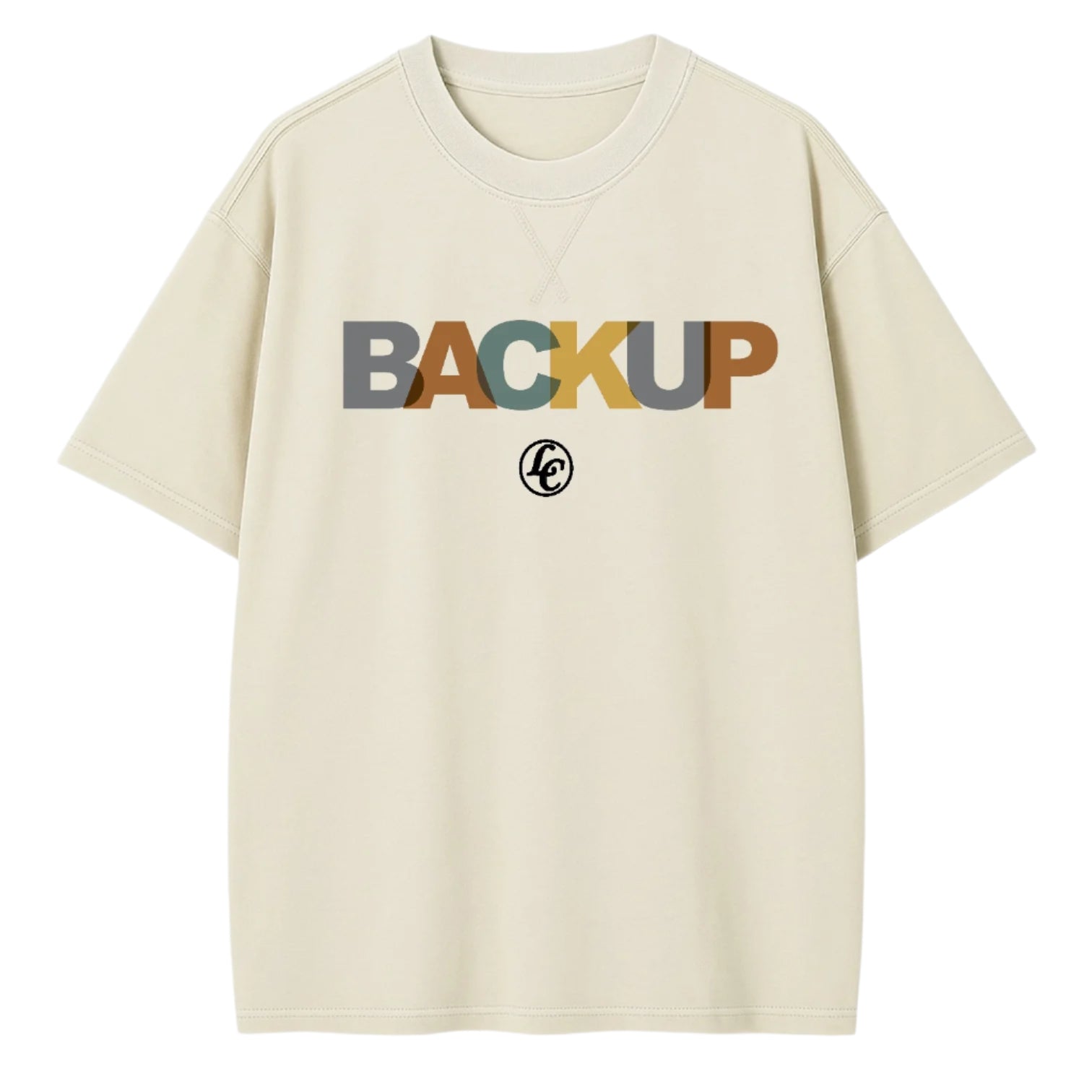 Beige t-shirt with 'BACKUP' text in multicolor on a white background