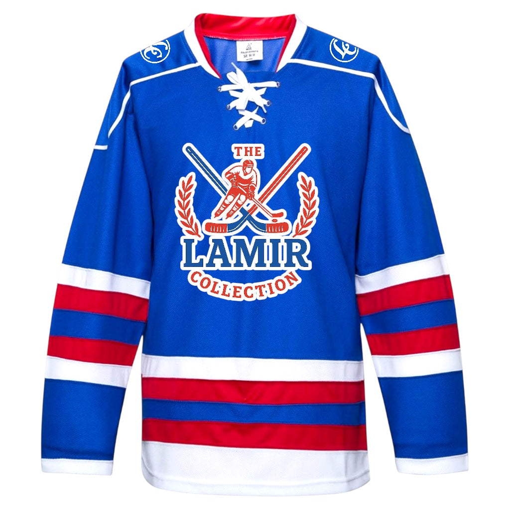 Blue hockey jersey with red and white accents featuring 'The Lamir Collection' logo on a white background.