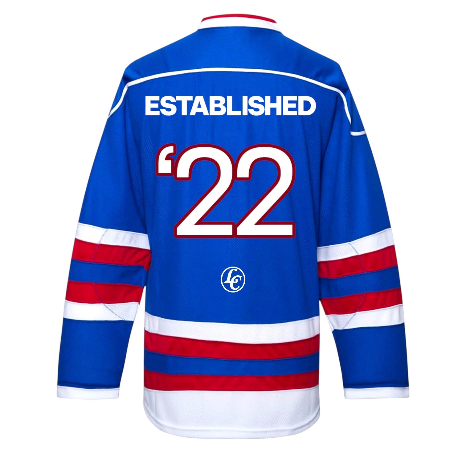 Blue hockey jersey with 'Established '22' and a logo on the back against a white background