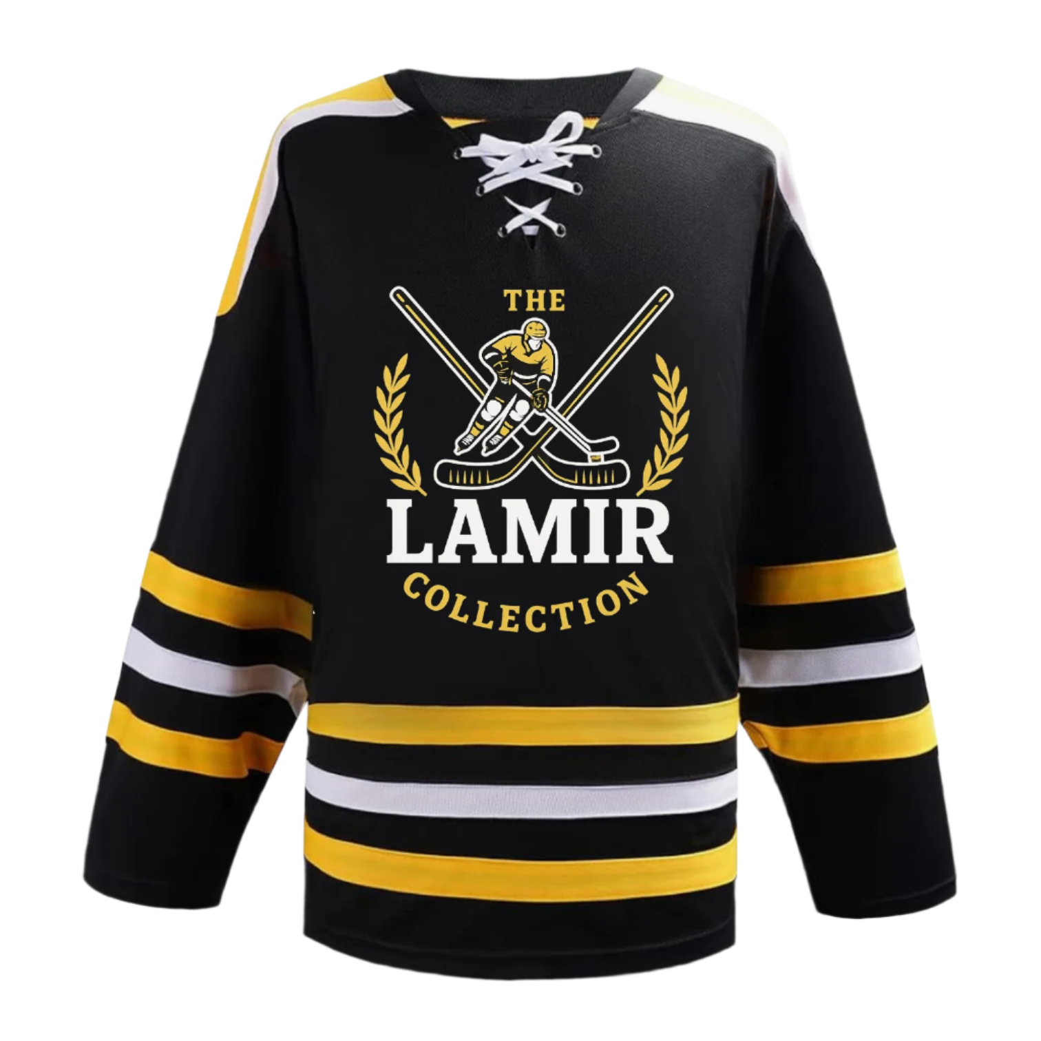 Hockey jersey with 'The Lamir Collection' logo on a white background