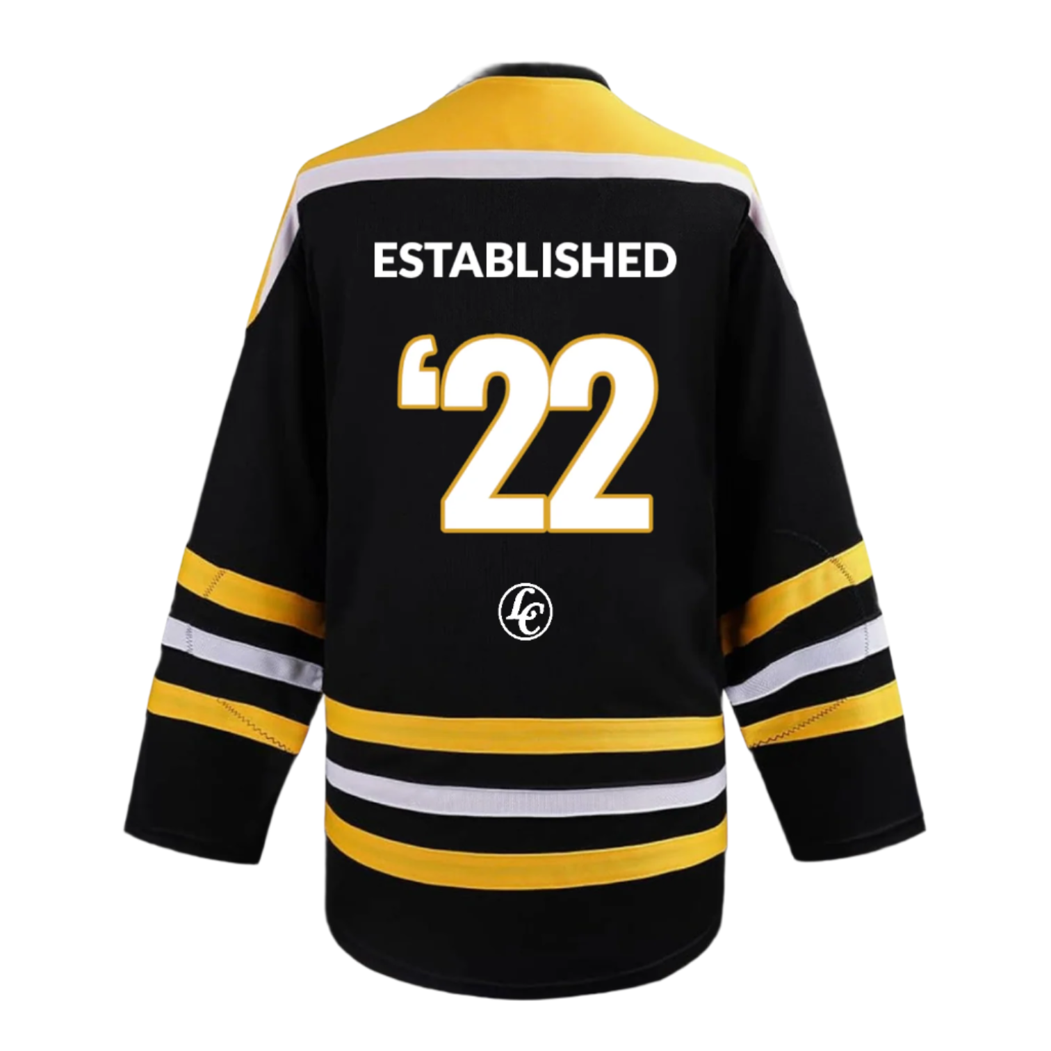 Black hockey jersey with yellow and white accents, featuring the text 'ESTABLISHED' and the number '22'.