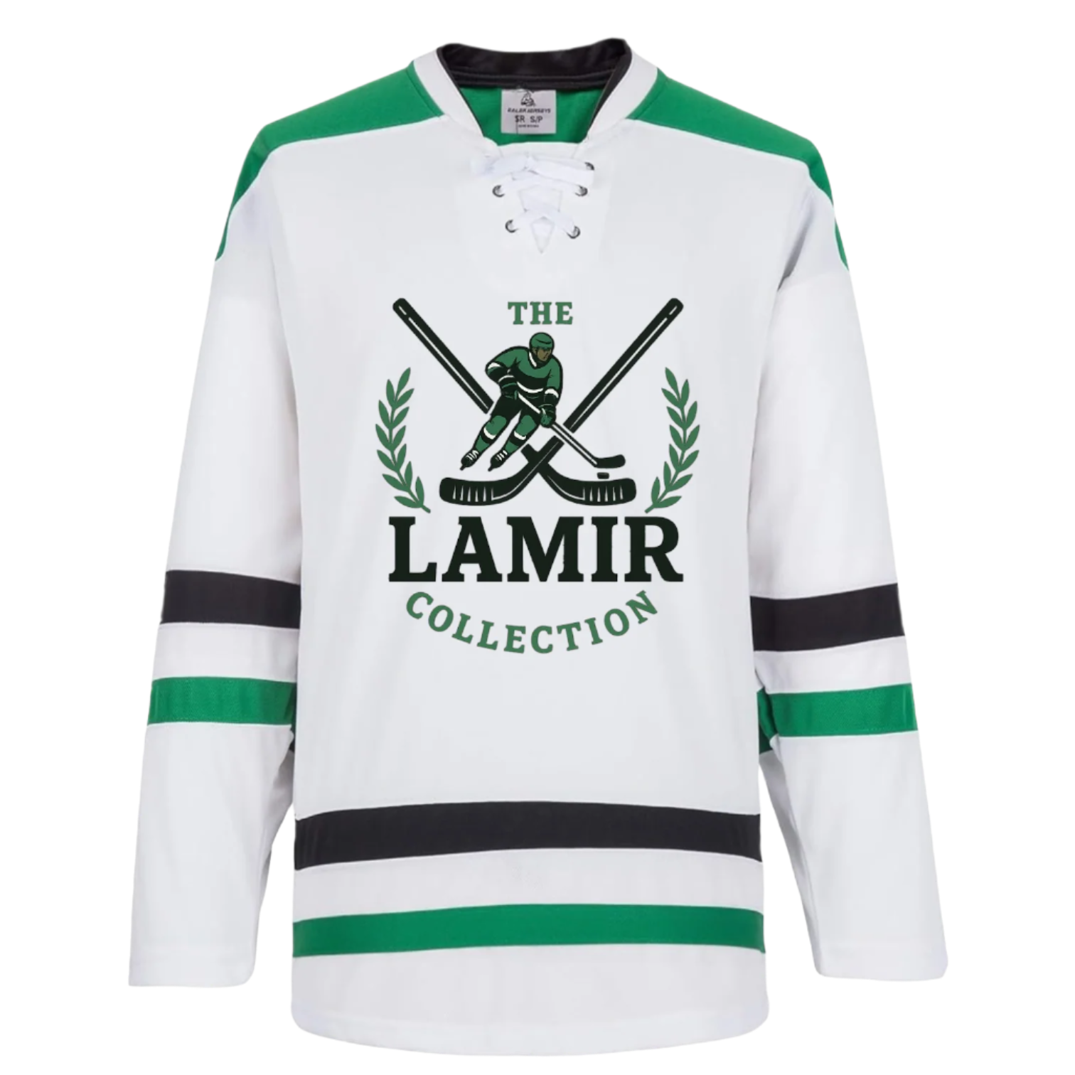 White hockey jersey with green and black accents featuring 'The Lamir Collection' logo.