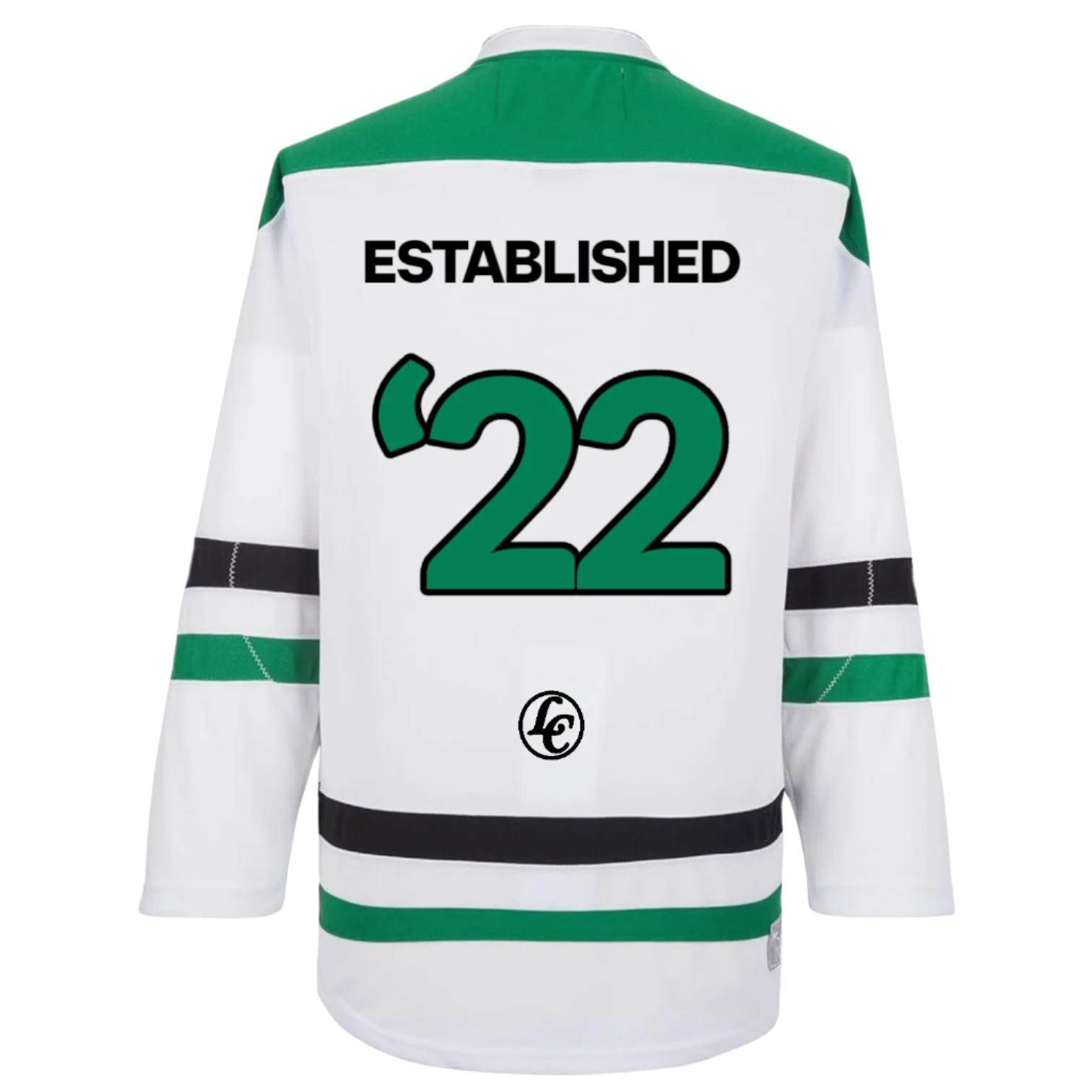White sports jersey with green and black details on a white background