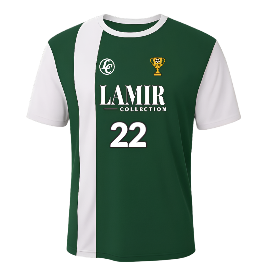 Green and white soccer sports jersey with 'LAMIR COLLECTION' branding on a white background