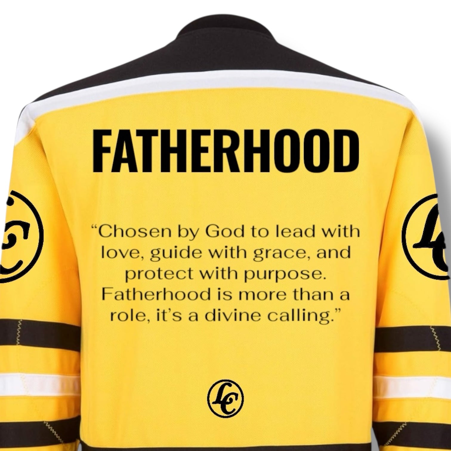 Yellow jacket with text about fatherhood on a white background