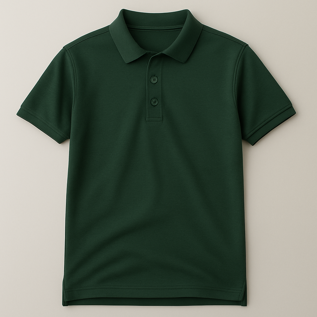 Green polo shirt on a light beige background