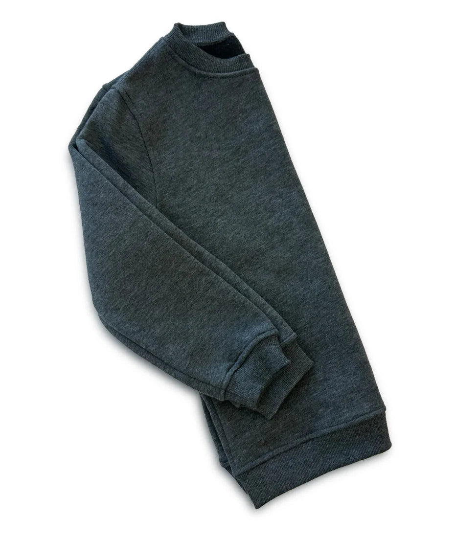 Folded dark gray toddler sweatshirt on a white background