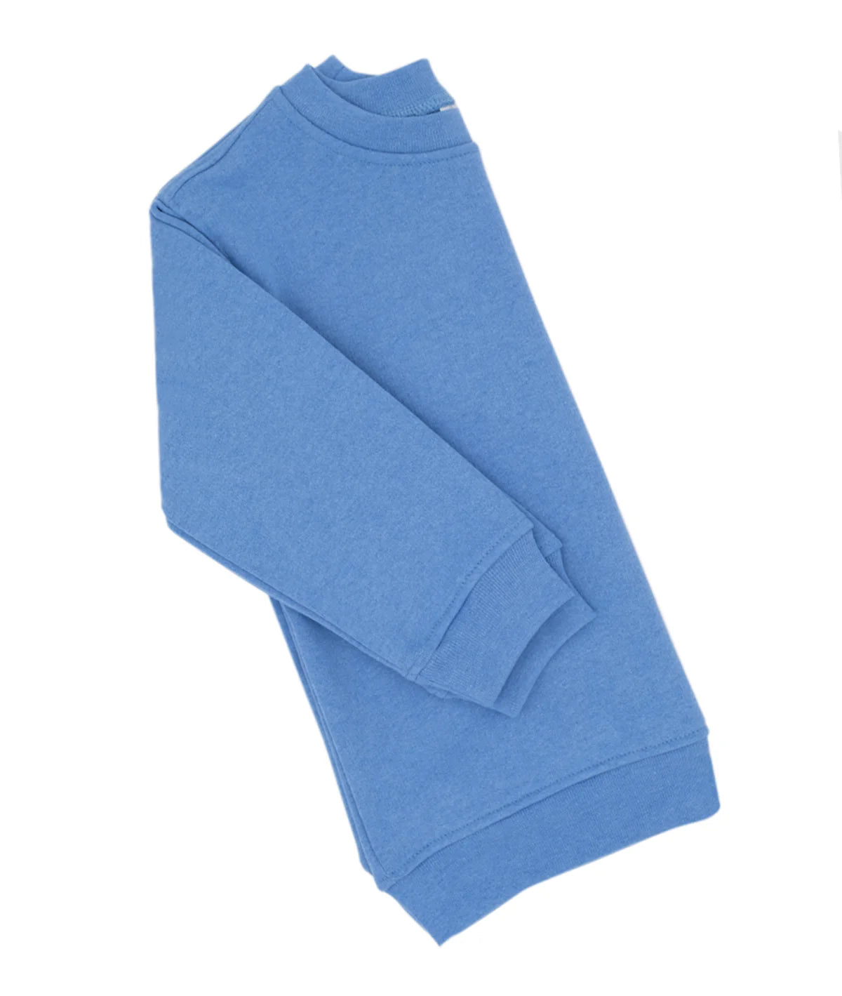 Folded blue toddler sweatshirt on a white background