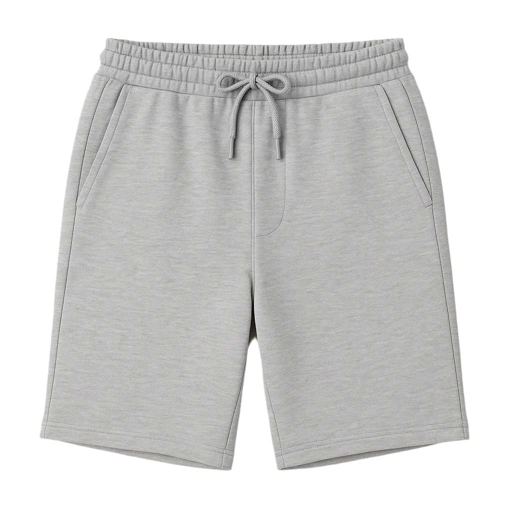 Gray shorts with a drawstring on a white background