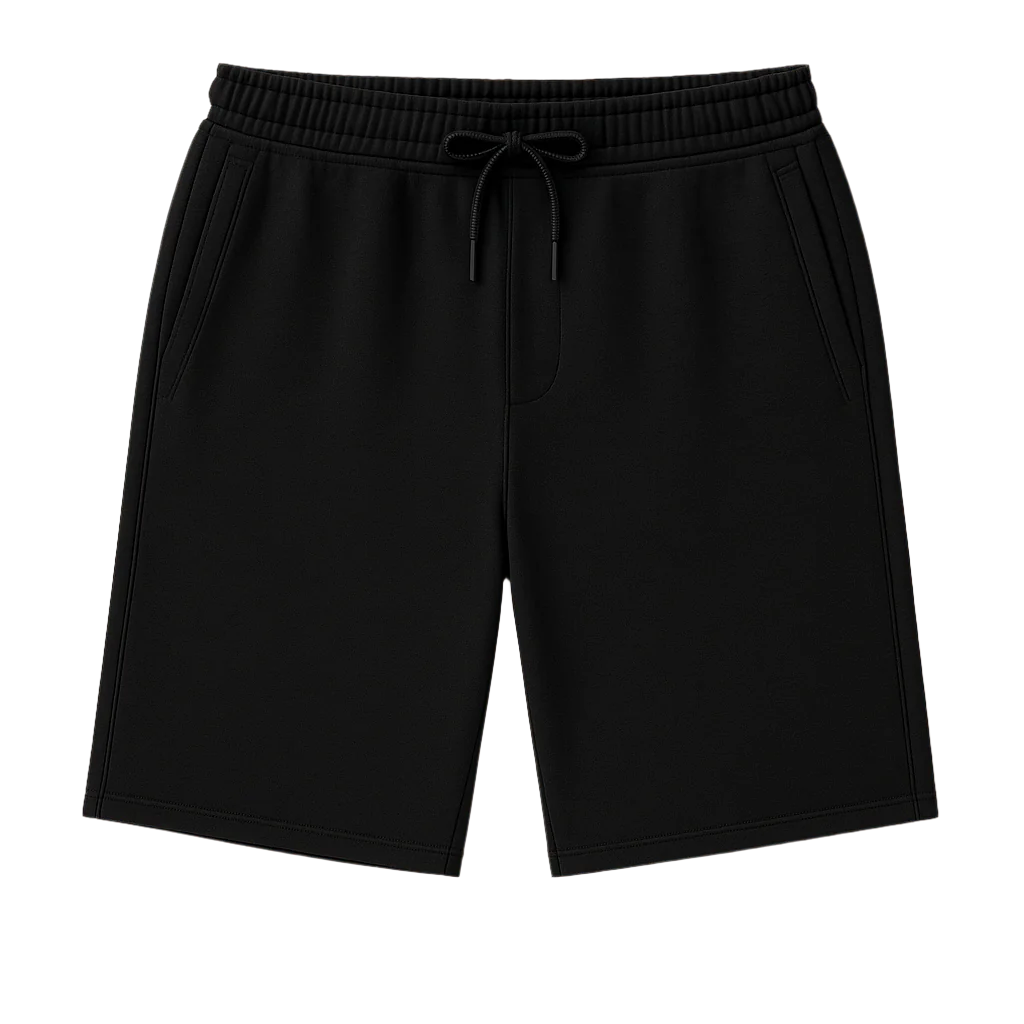 Black shorts with a drawstring on a white background