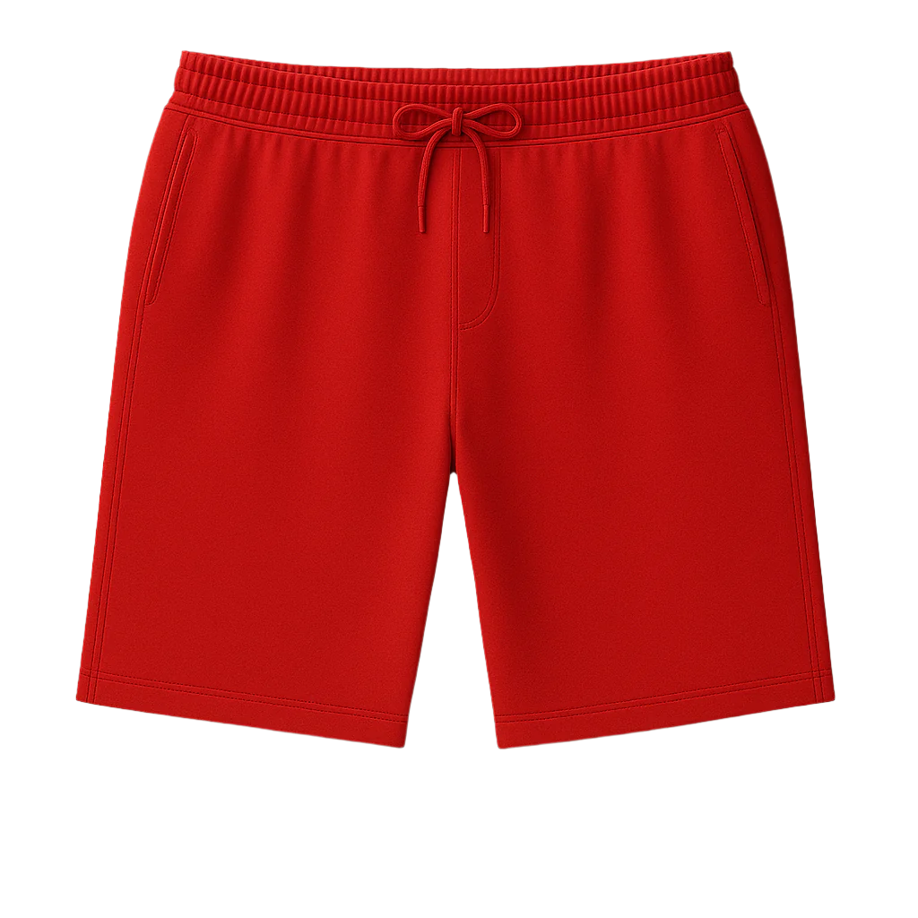 Red shorts with a drawstring on a white background