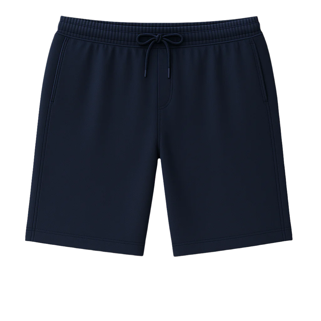Navy blue shorts with a drawstring on a white background