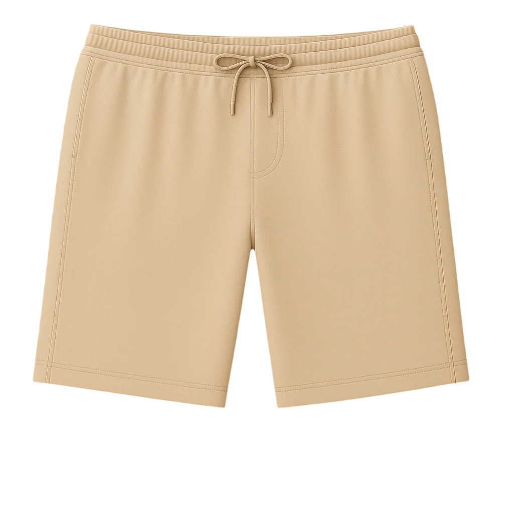 Beige shorts with a drawstring on a white background