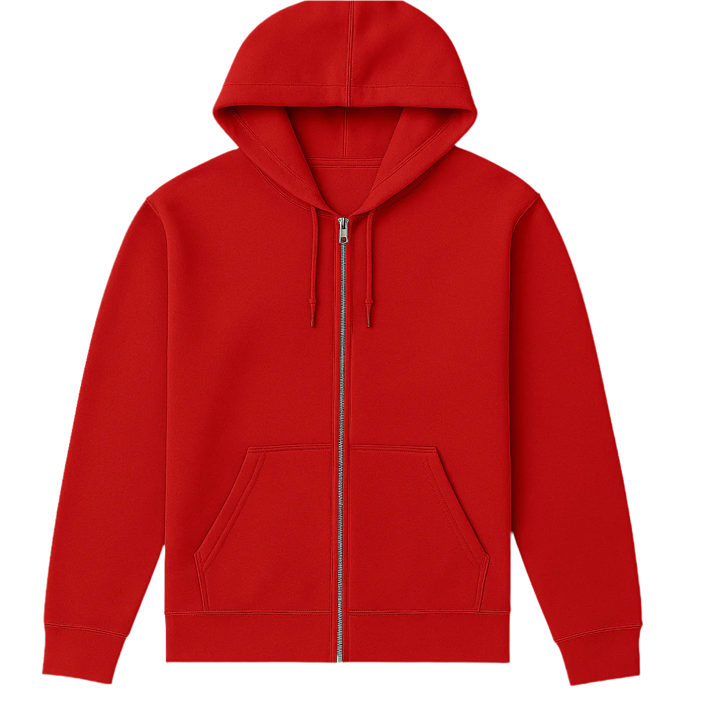 Red hoodie with a zipper on a white background