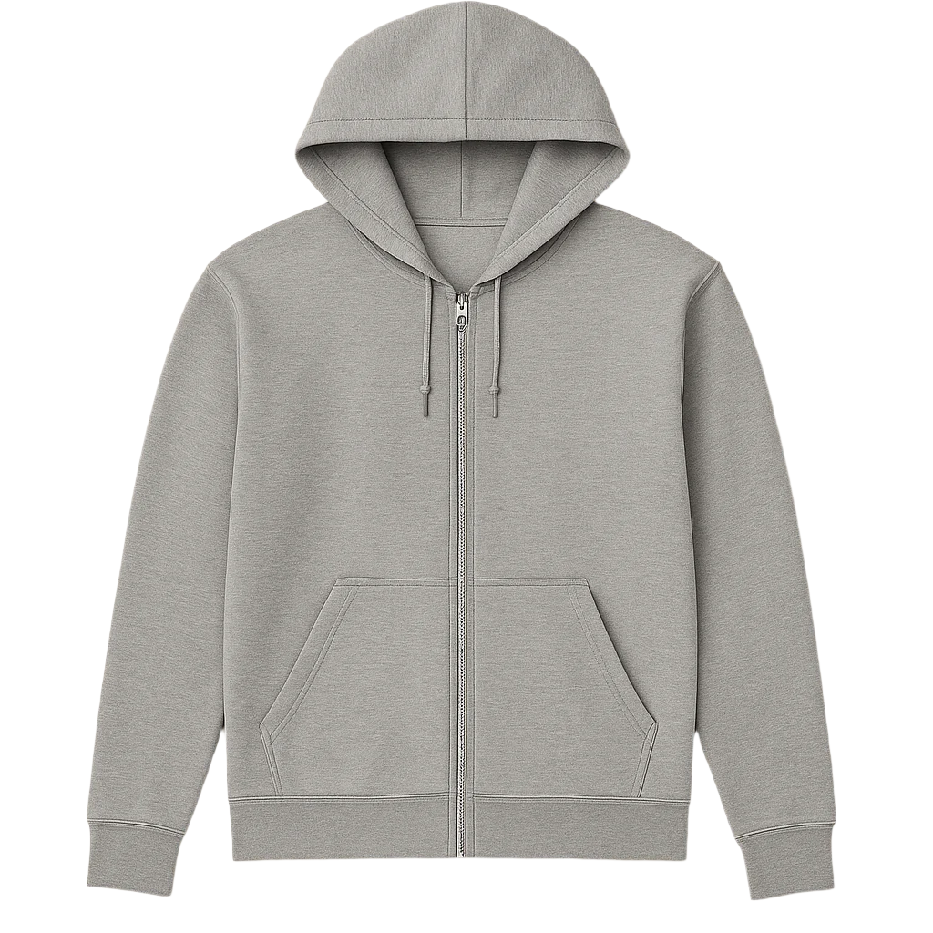 Gray hoodie with a zipper on a white background