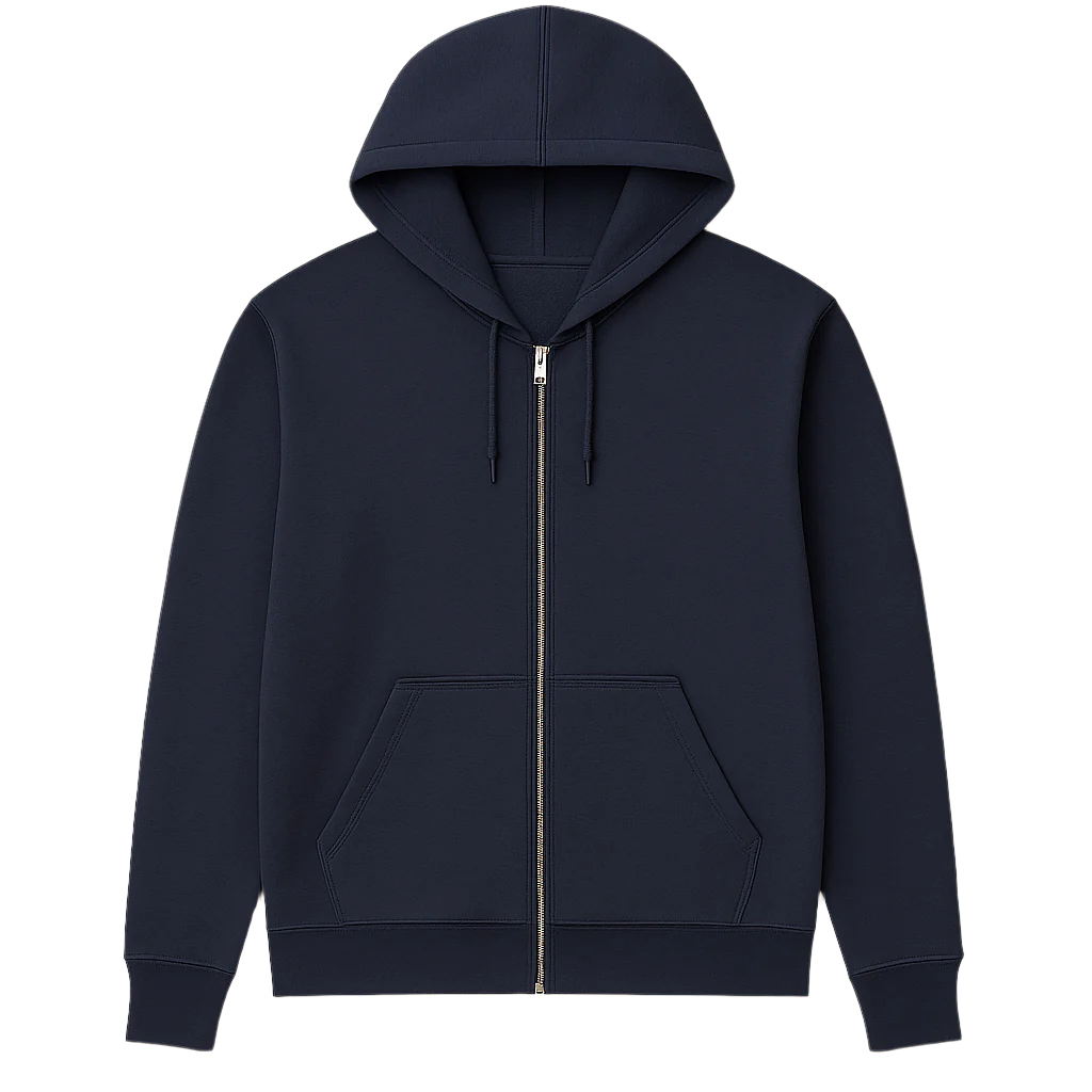 Navy blue hoodie with a zipper on a white background