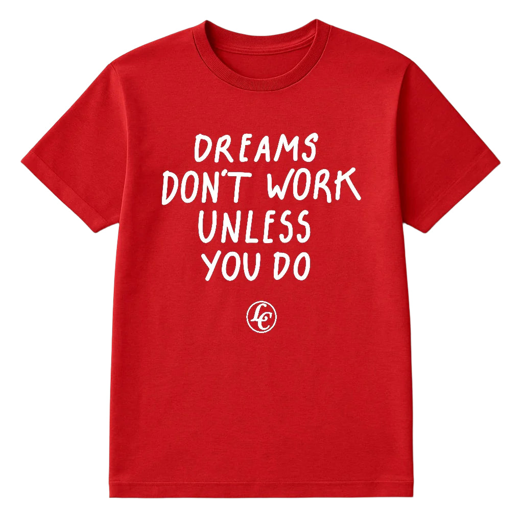 Red t-shirt with white text and logo on a beige background