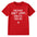 Red t-shirt with white text and logo on a beige background