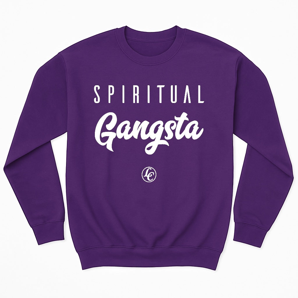 Purple sweatshirt with 'Spiritual Gangsta' text on a white background