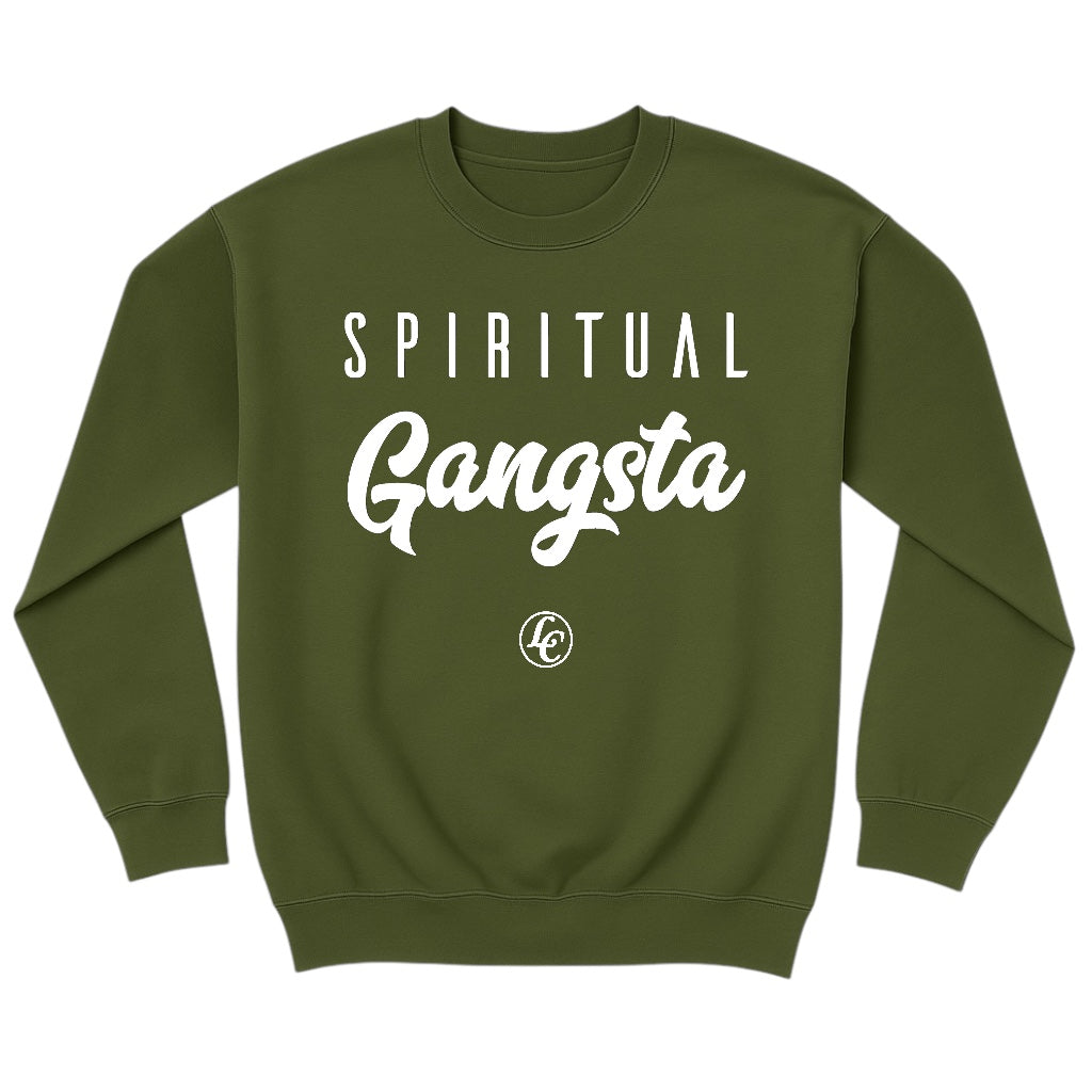 Green sweatshirt with 'Spiritual Gangsta' text on a white background