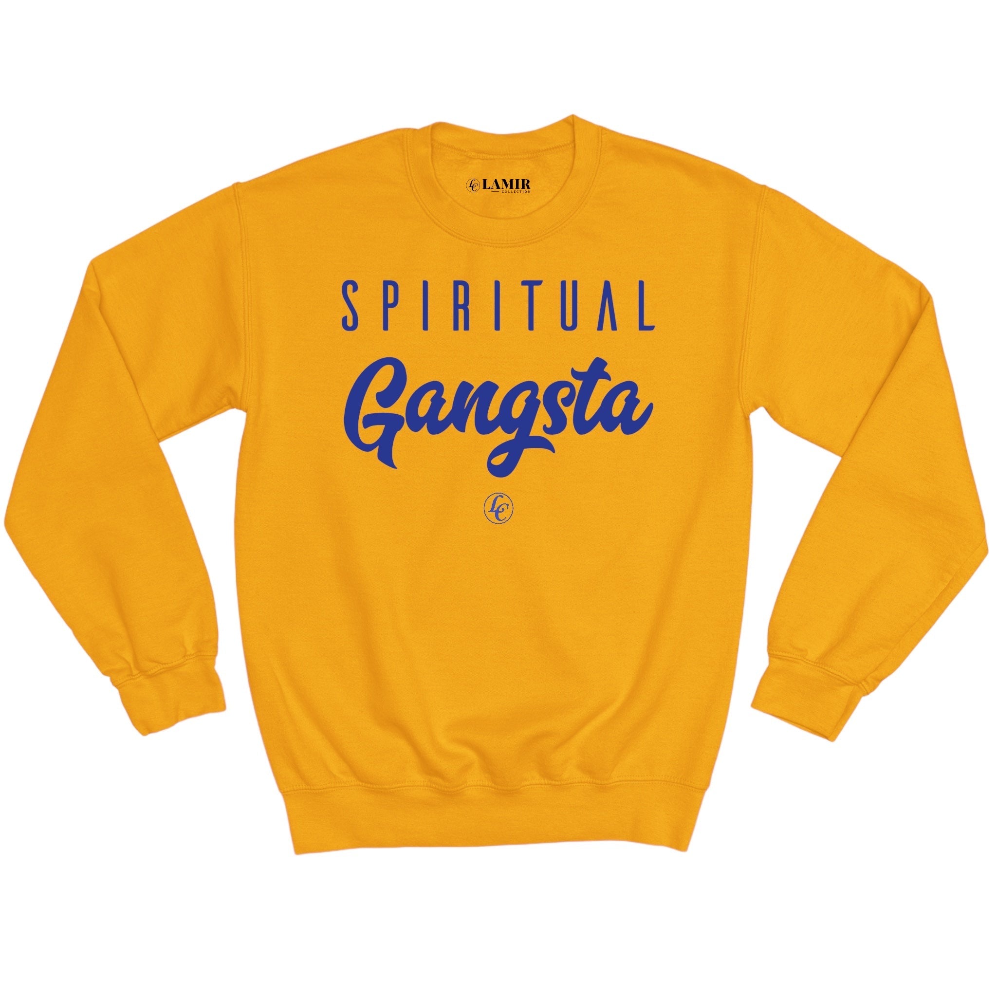 Yellow sweatshirt with 'Spiritual Gangsta' text on a white background