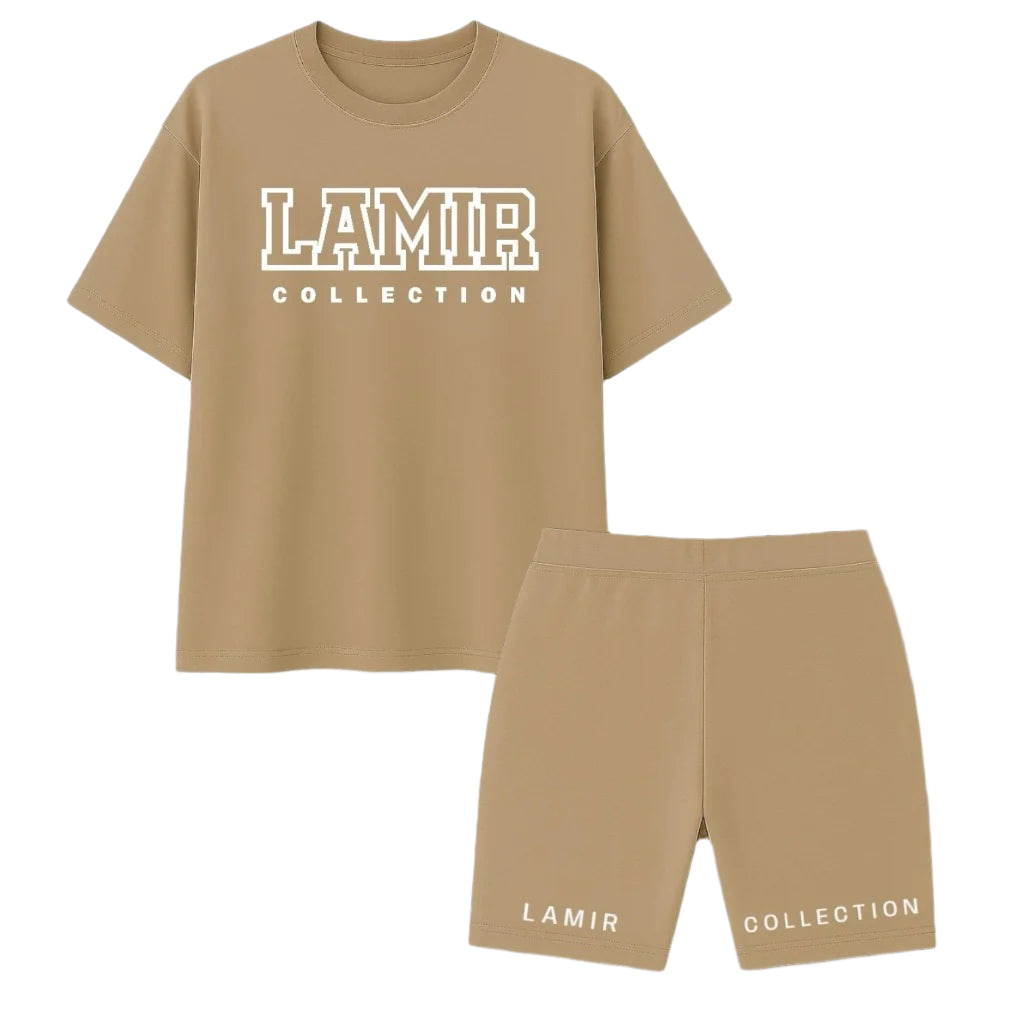 Beige t-shirt and shorts set with 'LAMIR COLLECTION' branding on a white background