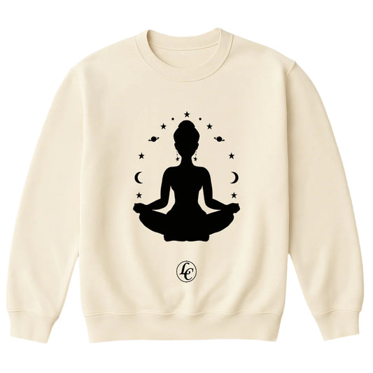 Beige sweatshirt with a black silhouette of a person in a meditative pose on a light gray background