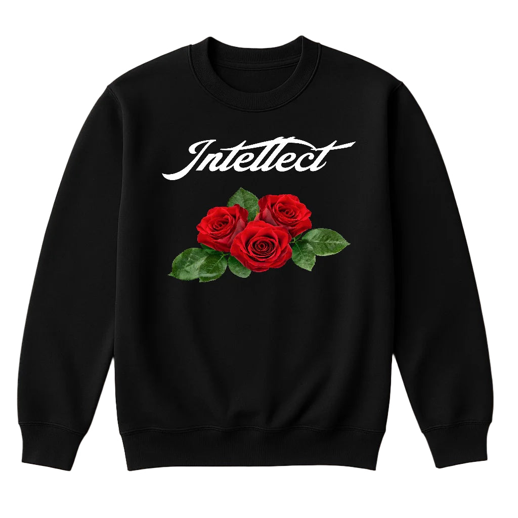 Black sweatshirt with red roses and 'Intellect' text on a beige background
