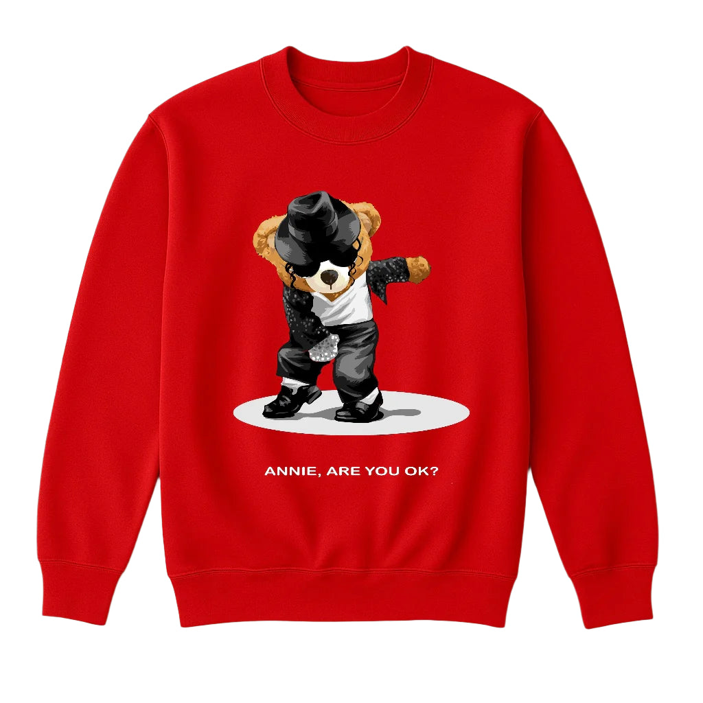 Red sweatshirt with a bear graphic and text on a white background