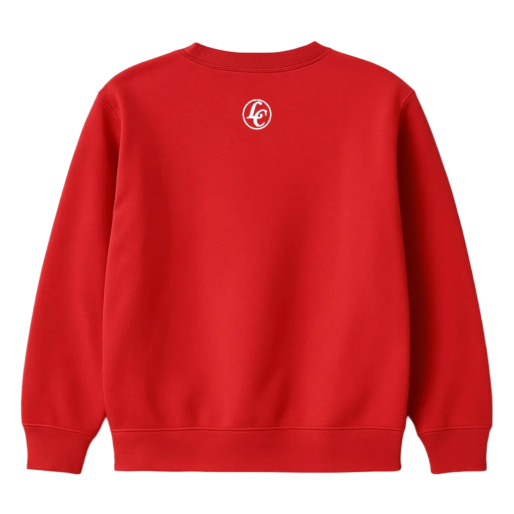 Red sweatshirt with a logo on the back against a white background