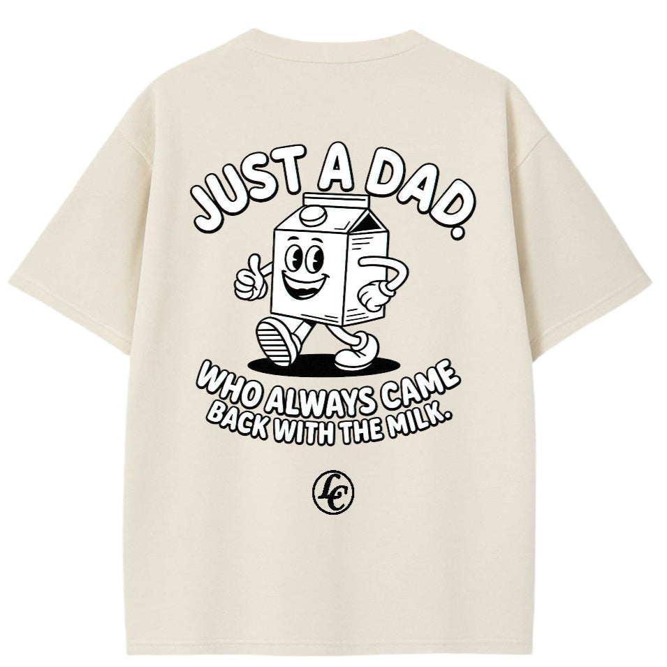 Beige t-shirt with a cartoon milk carton character and text on the back