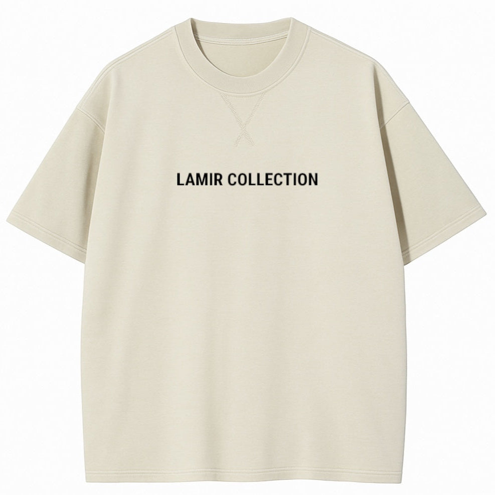 Beige t-shirt with 'LAMIR COLLECTION' text on a white background