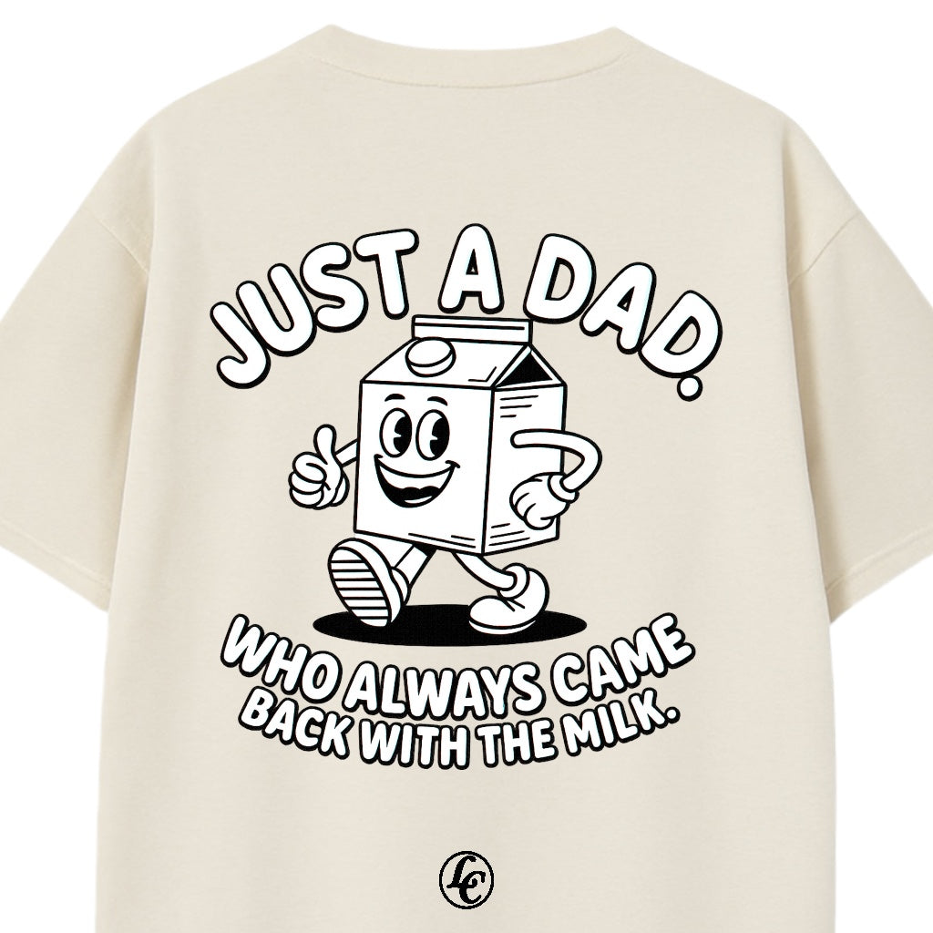 Beige t-shirt with a cartoon milk carton character and text on the back