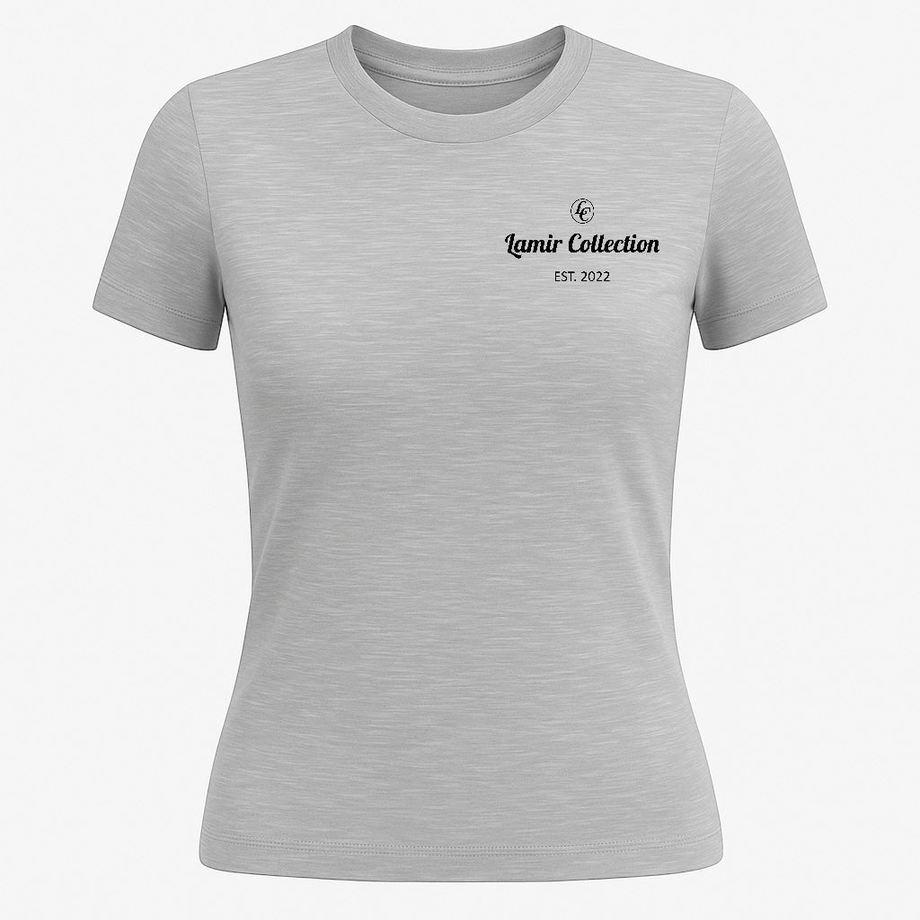 Gray t-shirt with 'Lamir Collection EST. 2022' text on a white background