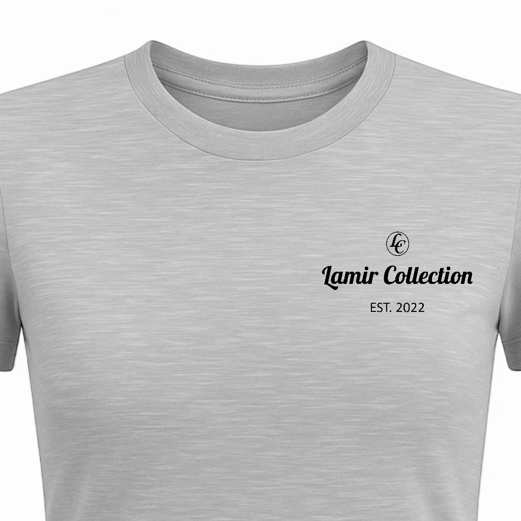 Gray t-shirt with 'Lamir Collection EST. 2022' text and logo on a white background