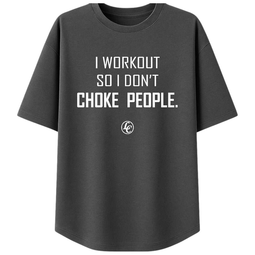 Black t-shirt with white text on a white background