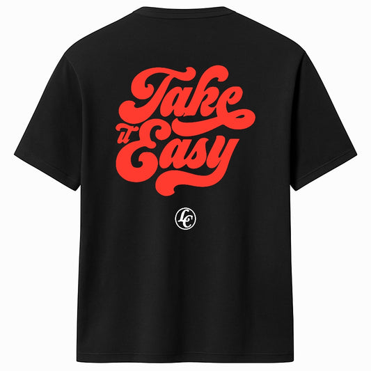 Black t-shirt with red 'Take It Easy' text on the back against a white background