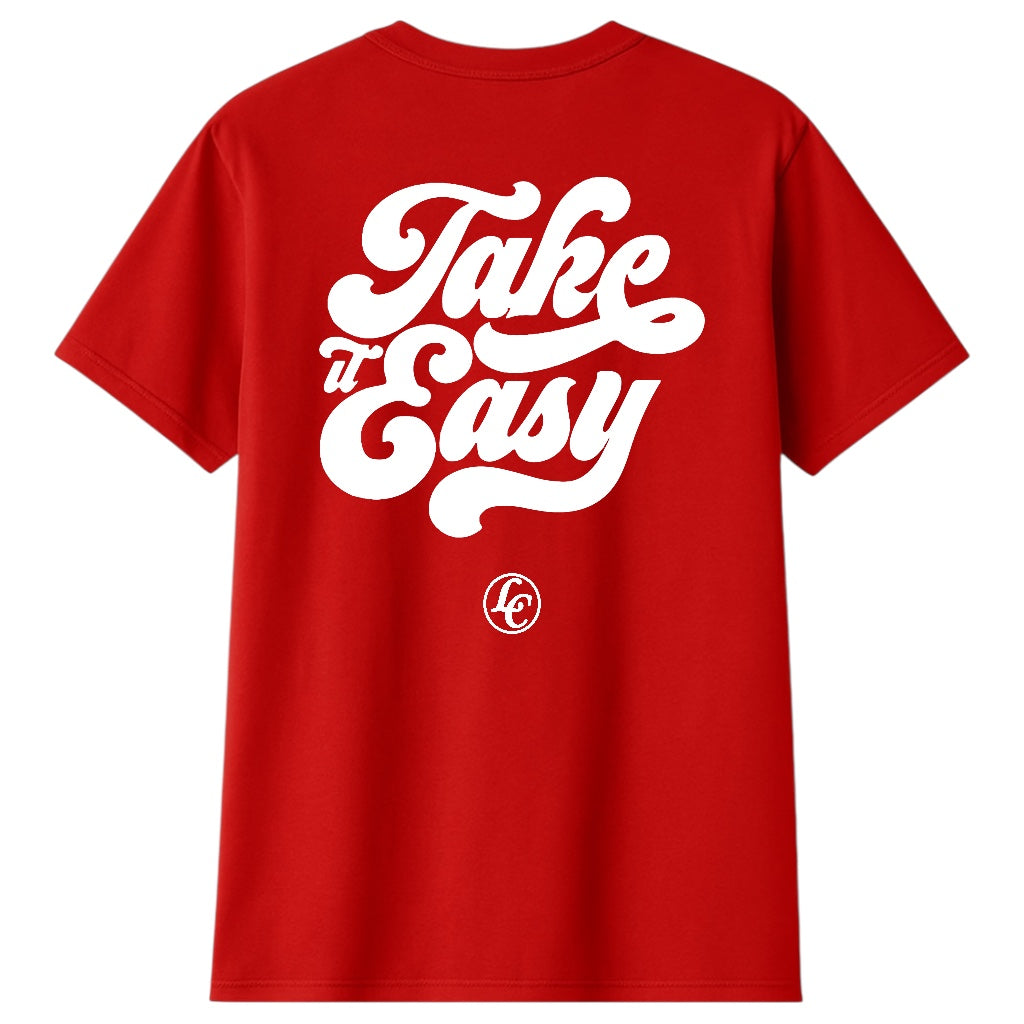 Red t-shirt with 'Take It Easy' text on the back against a white background