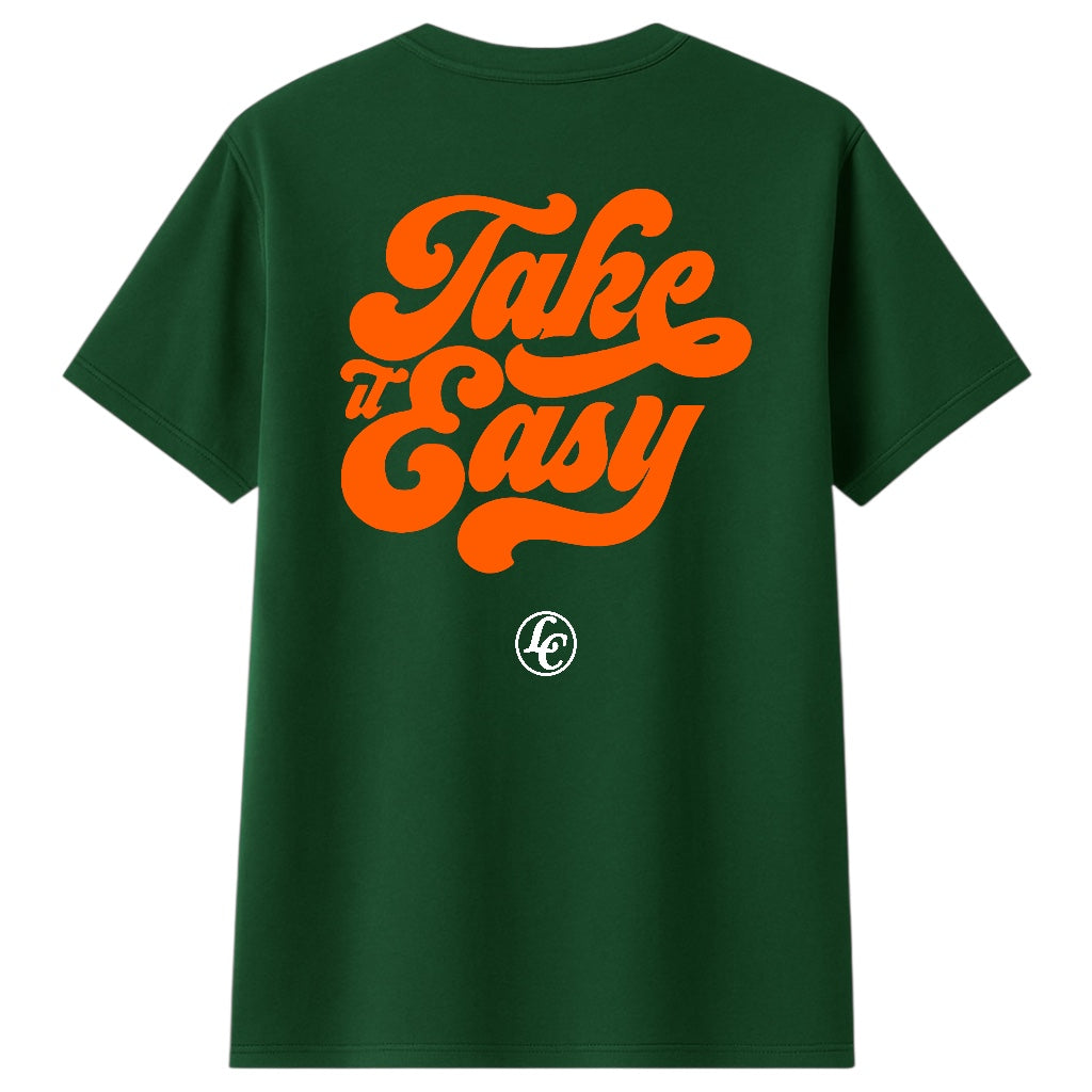 Green t-shirt with 'Take It Easy' in orange on the back, on a white background