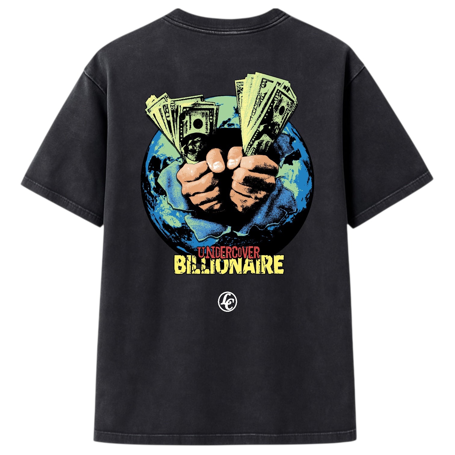 Black t-shirt with graphic design of hands holding money and 'Undercover Billionaire' text on a white background