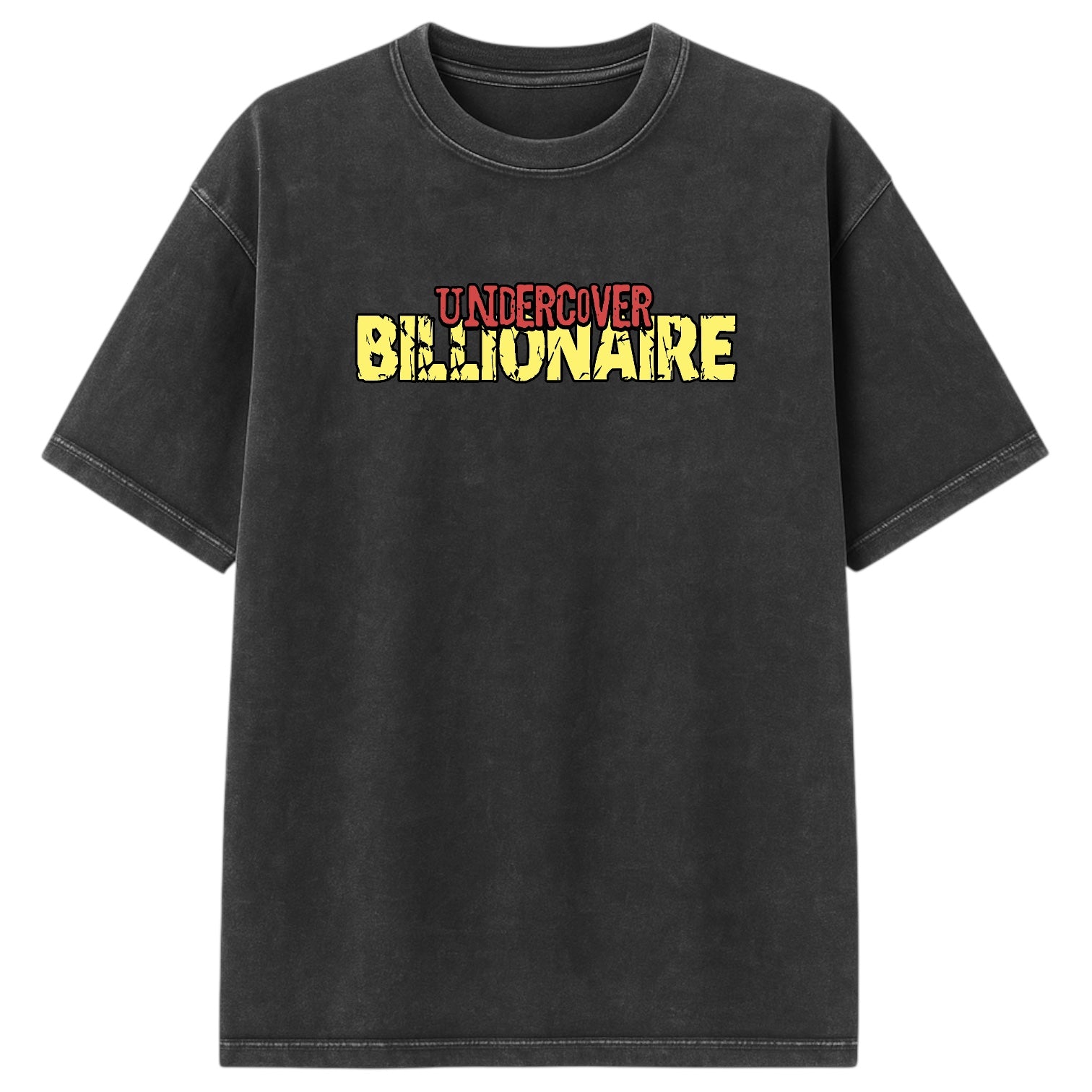 Black t-shirt with 'Undercover Billionaire' text in red and yellow on a white background
