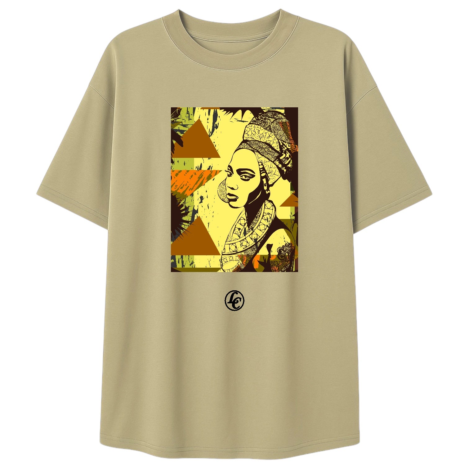 Beige t-shirt with a graphic design of a woman's face and geometric shapes on a white background