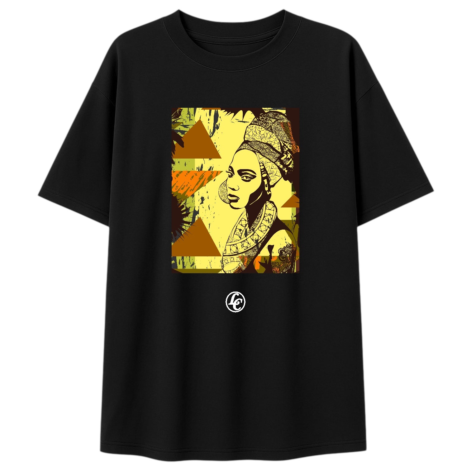 Black t-shirt with a graphic design of a woman's face and geometric shapes on a white background