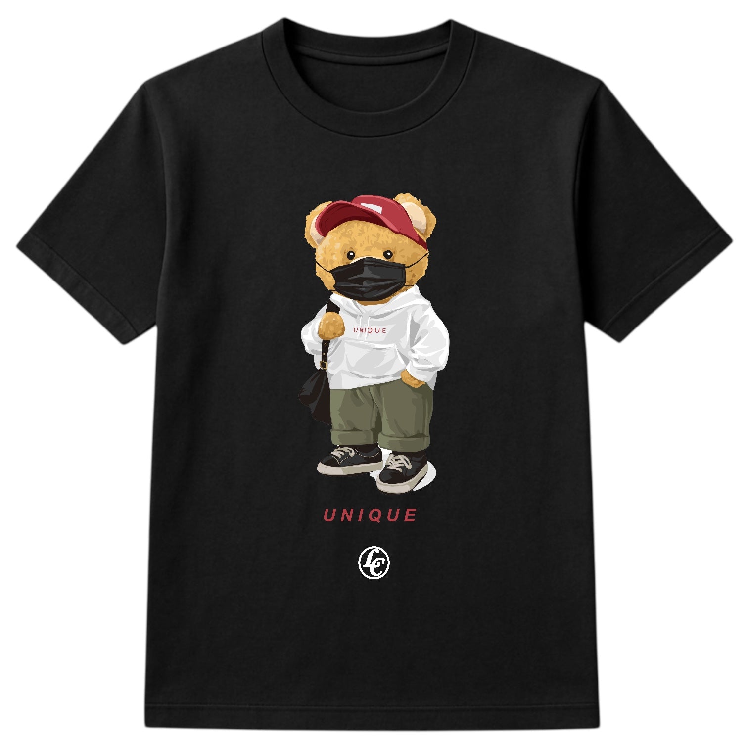 Black t-shirt with a bear graphic wearing a face mask and holding a sign, on a white background.