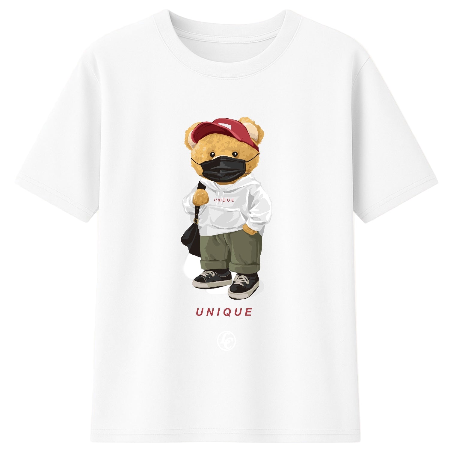White t-shirt with a teddy bear graphic wearing a face mask and sunglasses on a white background