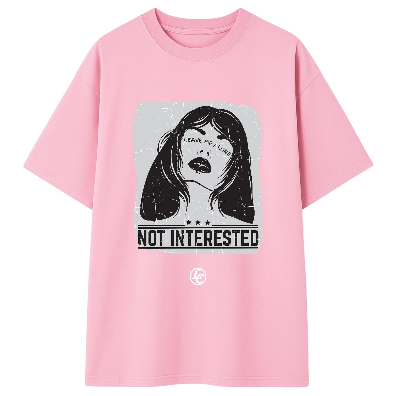 Pink t-shirt with graphic design and text on a white background