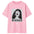 Pink t-shirt with graphic design and text on a white background