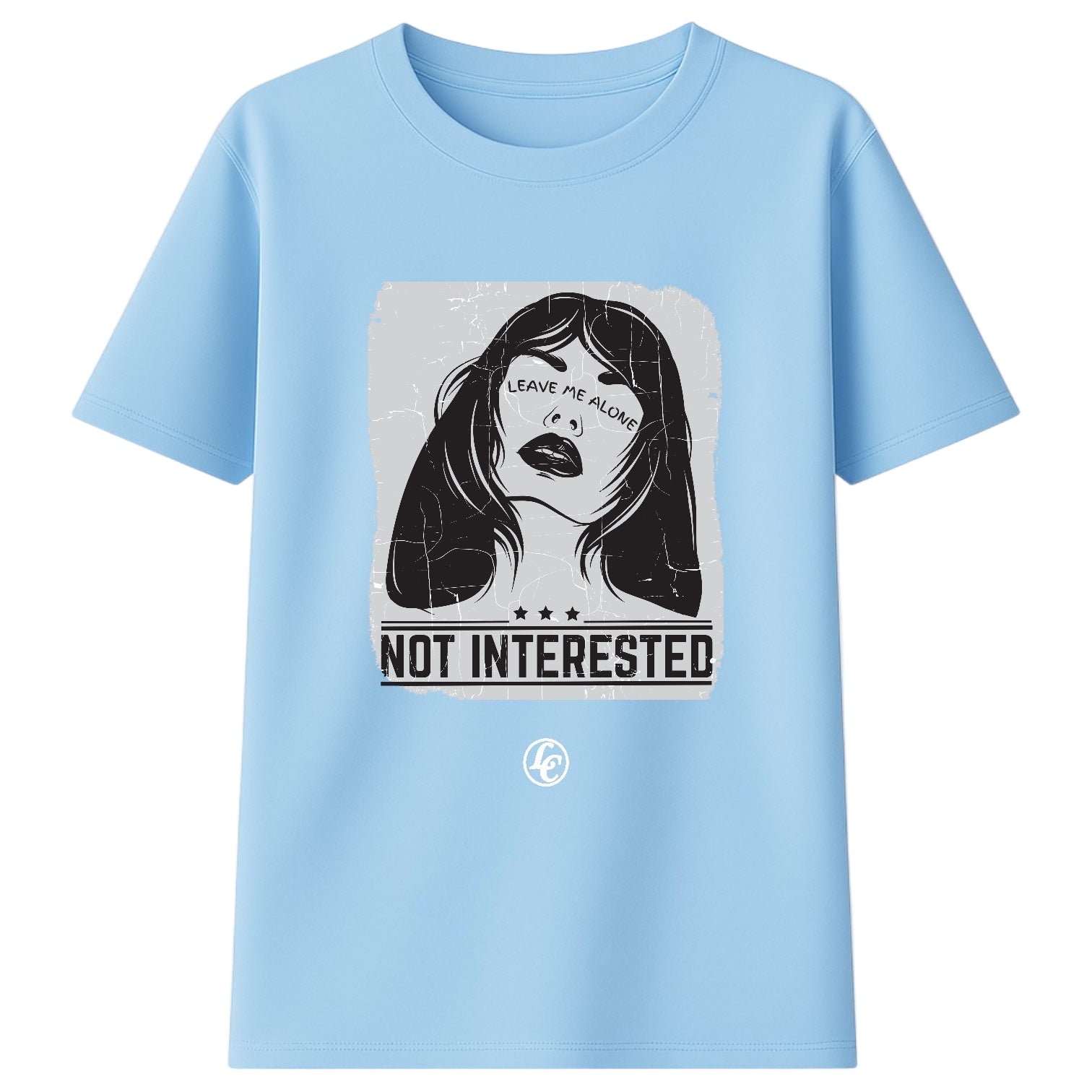 Light blue t-shirt with a graphic design and text on a white background