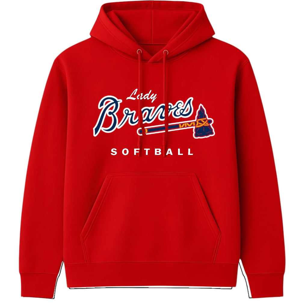 Red hoodie with 'Lady Braves Softball' text and logo on a white background